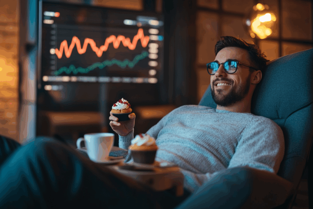 Mann im Liegestuhl vor einem Chart